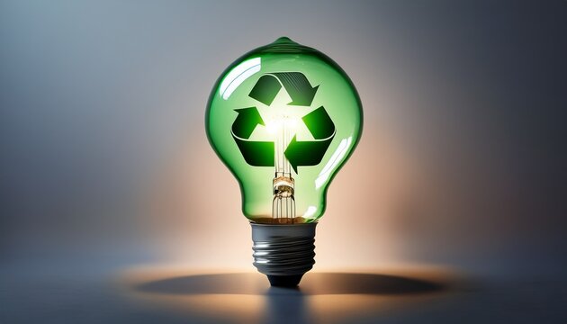 a light bulb with a glowing green recycle symbol inside it is prominently displayed against a gray background this concept represents energy conservation and sustainable practices
