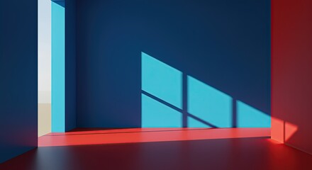 Minimalist Sunlit Interior with Color Block Walls and Shadows.
