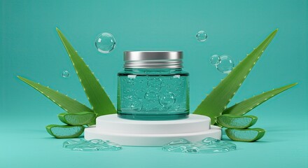 Aloe Vera Skincare Gel Jar with Fresh Leaves on Turquoise Background.