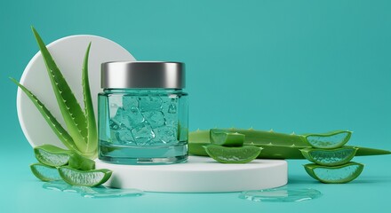 Aloe Vera Skincare Gel Jar with Fresh Leaves on Turquoise Background.