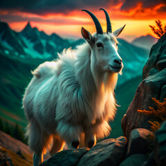 Brown domestic horned mammal grazing on a summer mountain meadow
