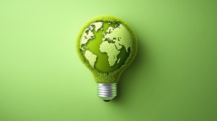 Creative Earth Globe Light Bulb with Green Texture and Environmentally Friendly Concept on a Bright Green Background