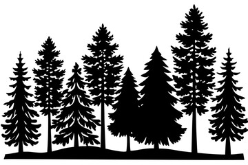 Obraz premium Majestic Evergreen Forest Silhouette Black and White Pine Tree Vector Illustration