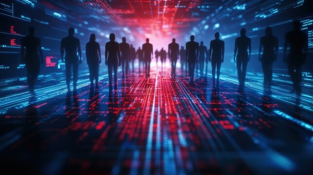 Diverse group of people silhouettes standing in futuristic digital environment with glowing lines and vibrant technological background