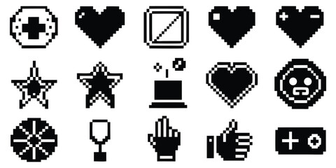 Pixel Art Icon Set. Retro 8-bit video game graphics with heart, star, and trophy symbols. Vector sprite collection for game assets or UI design. © MH HASIB