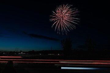 Red firework exploding over dark sky — nighttime celebration with light trails and silhouetted trees