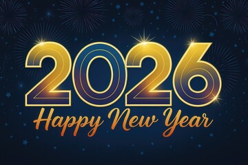 Happy New Year 2026 Celebration Background with Golden Fireworks, Sparkling Gold Numbers 