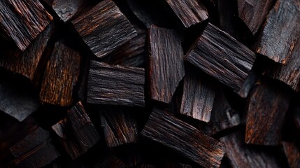 Fototapeta premium Close up of wood chips with a dark brown color. The wood chips are piled up and appear to be from a tree. The image has a moody and somber feel to it, as the wood chips are piled up