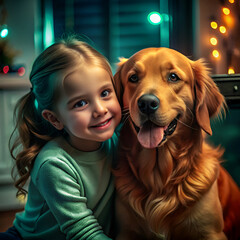 Adorable little girl with her golden retriever dog friend