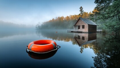 reflective calmness of an abandoned cabin on a misty lake with an orange life buoy floating nearby adding a touch of color to the tranquil scenery