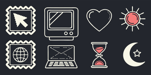 Y2K internet nostalgia icon set. Retro computer graphics with pixel cursor, heart, and sun symbols for posters or zine designs.