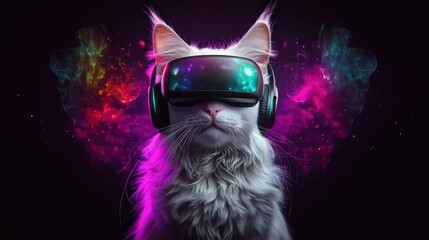 Adorable cat wea futuristic virtual reality headset surrounded by colorful cosmic nebula background