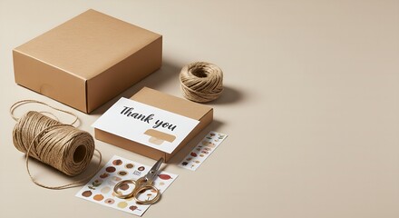 Packaging design essentials flat lay kraft box twine thank you card scissors sticker sheet textured neutral background blank space for branding generative ai

