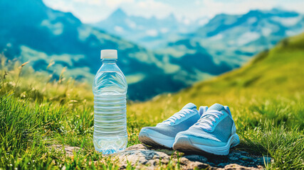 Bottled Water and Running Shoes in Alpine Meadow – Hydration and Active Lifestyle