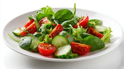 Salad with Tomatoes, Cucumbers, Spinach and Lettuce on White Plate