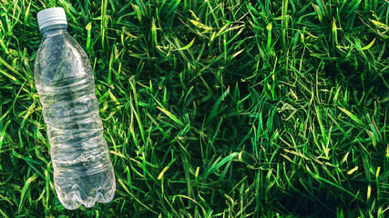 Tilted Bottled Water on Lush Green Grass – Freshness and Eco Lifestyle