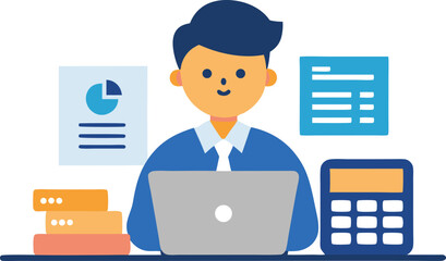 Businessman working on laptop with documents and calculator