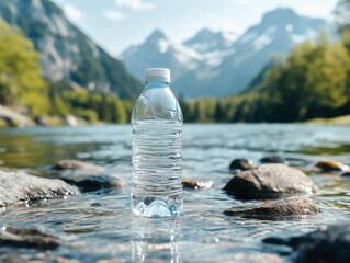 Bottled Water in Crystal Clear River with Mountain View – Nature and Purity