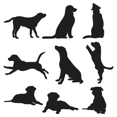 Array of dog silhouettes depicts various poses standing sitting laying leaping and begging all in solid black
