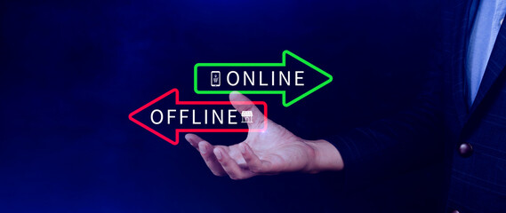 Online vs offline business sales or marketing strategy concept, Transition from offline to online in commerce business.