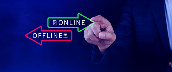 Online vs offline business sales or marketing strategy concept, Transition from offline to online in commerce business.