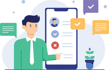 Man reviewing application form on mobile phone online checklist