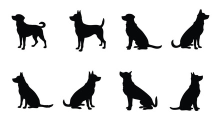 Eight black dog silhouettes with different poses stand against a white backdrop