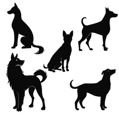 Five dog silhouettes seated standing assorted breeds black shapes