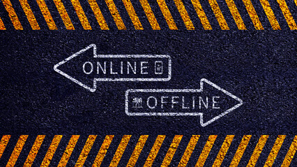 Obraz premium Online vs offline business sales or marketing strategy concept, Transition from offline to online in commerce business.