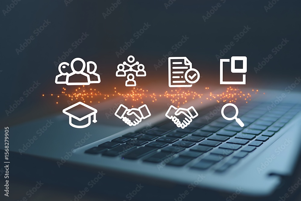 Fototapete Digital icons representing education teamwork contracts and search appear above a blurred laptop keyboard symbolizing online learning and business opportunities