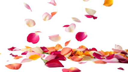 Colorful petals falling against a light gray isolated on a white background PNG. AI GENERATED.