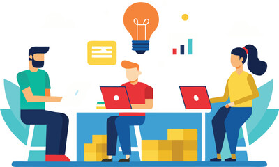 Team brainstorming innovative business ideas using laptops