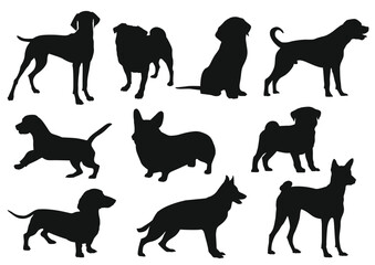 Silhouette image of dogs in various breeds standing and sitting