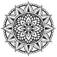 Intricate circular floral mandala art design with decorative elements ideal for coloring books and pattern design projects.