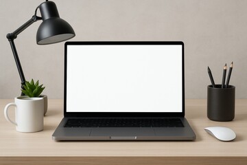 Mockup laptop dengan layar kosong di atas meja kerja minimalis modern, dihiasi lampu meja, tanaman...
