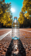 Bottled Water on Running Track under Bright Sun – Hydration and Summer Fitness