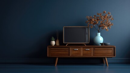 Dark teal room, vintage wooden cabinet with TV and dried branches