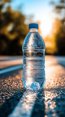 Bottled Water on Road at Sunset – Hydration and Outdoor Activity Concept