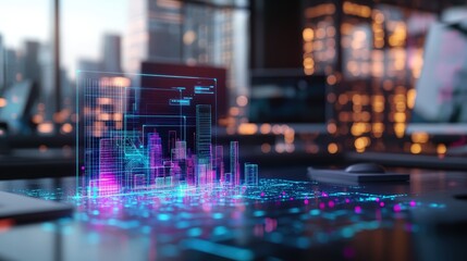 Advanced digital financial data analysis with glowing holographic charts and futuristic cityscape background
