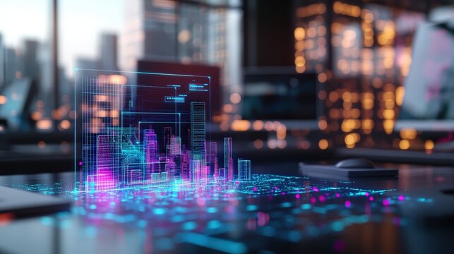Advanced digital financial data analysis with glowing holographic charts and futuristic cityscape background