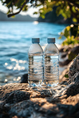 Two Bottled Waters on Rock by Clear Blue Lake in Nature