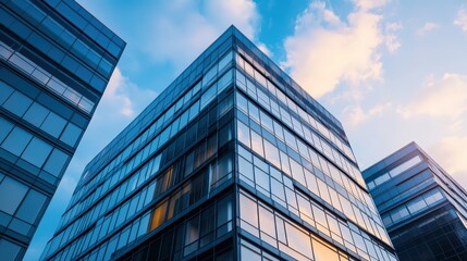 Obraz premium Modern glass office buildings with reflective surfaces and impressive architecture under a partly cloudy sky