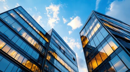 Fototapeta premium Modern glass office buildings skyscraper exterior looking up at blue sky with clouds du daytime