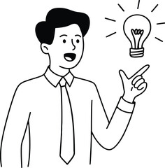 Businessman pointing to a lightbulb, a line art illustration for innovation, ideas, and solutions.
