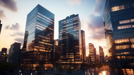 Modern city skyline with tall glass skyscrapers reflecting sunset light in an urban business district skyline