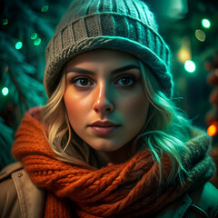 A smiling young woman in a warm winter hat and scarf beams with happiness, her face glowing in the cold