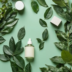 Botanical Bliss: A captivating composition featuring natural skincare products, embraced by lush green foliage. The image evokes a sense of purity and tranquility.