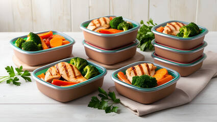 Healthy meal prep containers filled with grilled chicken and mixed vegetables, ideal for balanced diet, fitness nutrition, and weekly lifestyle planning