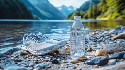 Healthy Lifestyle in Nature with Bottled Water and Running Shoes