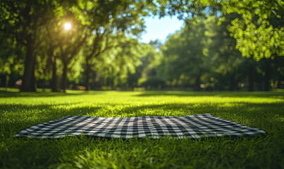 Checkered picnic blanket lies on a grassy field in a sunny park